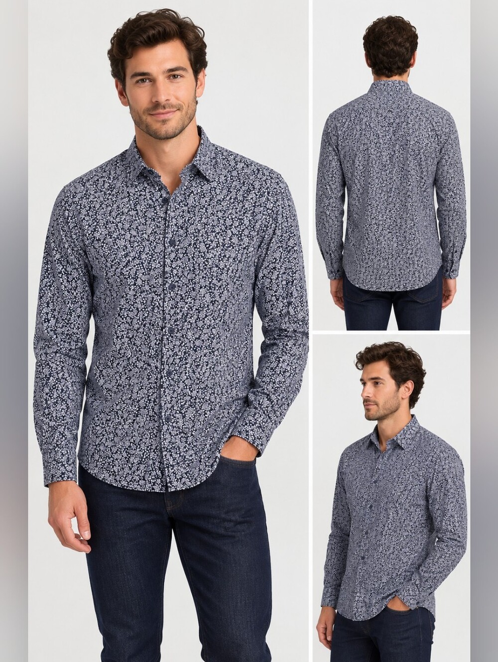 EUC H&M Men's Slim Fit Navy Floral Button-Up Shirt Sz L 100% Cotton